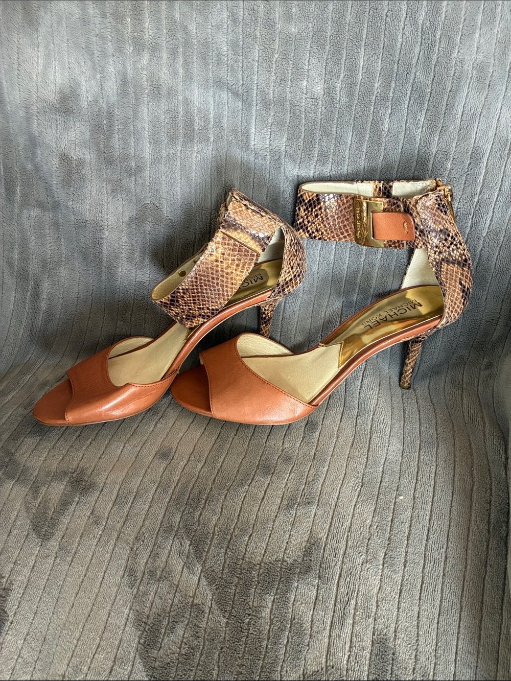 Michael Kors Brown Leather Open-Toe Heels with Snakeskin Ankle Strap